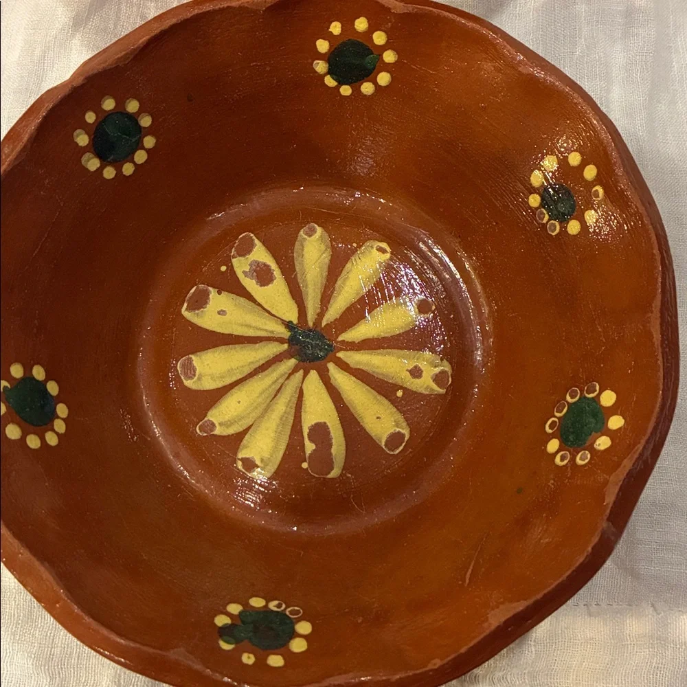 Hand Thrown Red Ware Pottery Bowls With Decorative Accents Red Ware Green Yellow